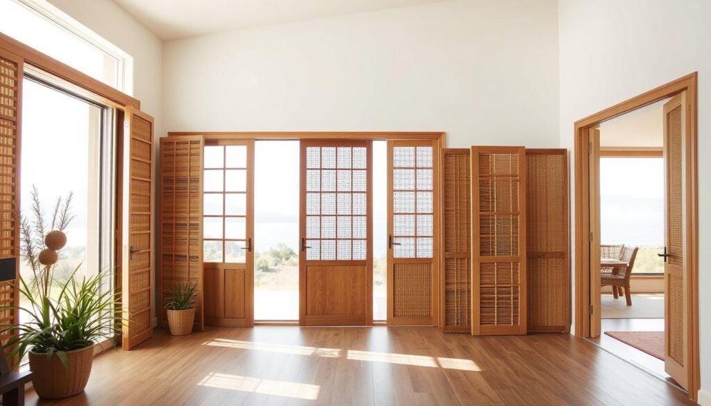 A bright, airy room with an open, inviting atmosphere. In the foreground, a collection of unique, visually striking alternatives to traditional doors - sliding panels, folding screens, and innovative entryway designs made from natural materials like wood, glass, and woven textures. The middle ground showcases these alternatives in context, integrated seamlessly into the room's decor and providing a sense of flow and openness. The background depicts a panoramic view through the alternative entryways, highlighting the benefits of increased natural light, ventilation, and a connection to the outside world. Soft, diffused lighting accentuates the organic textures and creates a warm, welcoming ambiance.