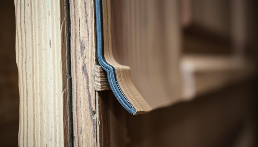 A close-up view of a weathered wooden door frame, with a detailed, high-quality rubber door seal snugly fitted along the edges. The seal's profile is prominently featured, showcasing its flexible, pliable construction designed to create an airtight barrier, blocking drafts and moisture. The lighting is soft and diffused, highlighting the subtle textures and contours of the seal, emphasizing its crucial role in maintaining the door's energy efficiency and preserving the interior environment. The background is slightly blurred, keeping the focus firmly on the door seal's functional purpose and construction.