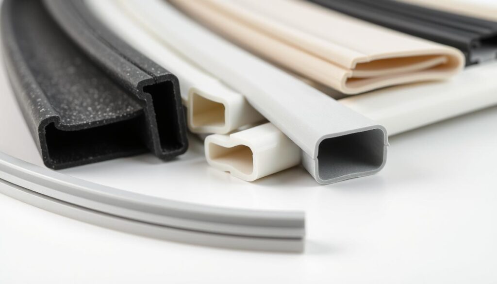 A close-up view of an assortment of high-quality door seals in various shapes and materials, such as foam, rubber, and silicone. The seals are arranged neatly on a clean, well-lit surface, showcasing their intricate textures and subtle color variations. The lighting is soft and diffused, creating a sense of clarity and detail. The focus is sharp, highlighting the precise fit and finish of each seal, emphasizing their purpose of effectively sealing and insulating doorways to improve energy efficiency and reduce drafts.