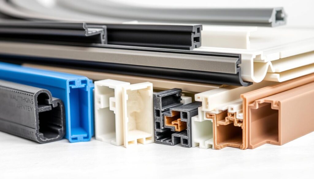 A detailed close-up photography of various types of door seals and weatherstripping, showcasing their distinct shapes, materials, and applications. The image should depict a carefully arranged composition of different door seal profiles, such as foam, rubber, and silicone varieties, along with their cross-sections to highlight their construction and functionality. The lighting should be soft and balanced, emphasizing the textures and colors of the seals against a clean, neutral background, creating a professional, informative, and visually appealing illustration suitable for an article on door seals.