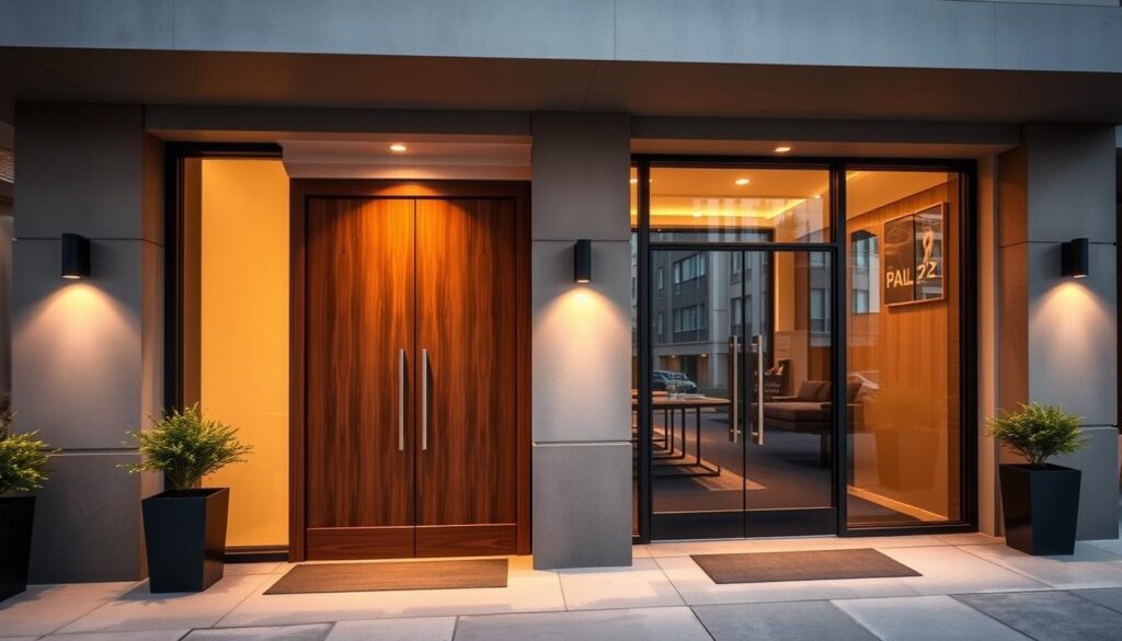 A modern apartment building with sleek, soundproofed entrance doors. The doors are made of high-quality materials like dense wood and noise-dampening insulation, creating a visual representation of effective acoustic isolation. Warm lighting from recessed fixtures casts a cozy glow, contrasting with the cool, neutral tones of the building facade. The doors are positioned in the foreground, drawing the viewer's attention to their importance in blocking external noise and providing a peaceful transition into the private living spaces beyond. The background showcases the urban environment outside, hinting at the necessity of proper sound insulation in an apartment setting.