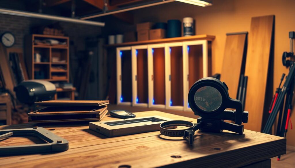 A spacious, well-lit workshop interior with a wooden workbench in the foreground. On the surface, an array of door-related tools and materials, including a partially disassembled door frame, weatherstripping, and a magnifying glass used to inspect for air leaks. In the middle ground, a series of door jambs in various stages of testing, with blue and red indicators highlighting the areas of air infiltration. The background features shelves stocked with related supplies, creating a sense of a professional, problem-solving environment. Warm, directional lighting casts dramatic shadows, emphasizing the focus on the door inspection process.