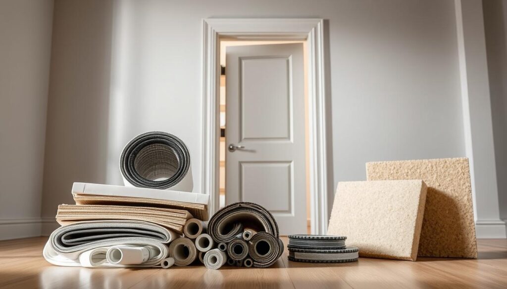 A well-lit, detailed interior scene showcasing various methods for soundproofing and insulating a residential entry door. In the foreground, a selection of acoustic dampening materials such as weather stripping, door seals, and acoustic foam panels are artfully arranged. The middle ground features a partially open entry door, revealing the door's construction and the application of the soundproofing techniques. In the background, a calm, minimalist interior space sets the stage, emphasizing the importance of effective door insulation for noise reduction. The lighting is soft and diffused, highlighting the textures and materials used to enhance the acoustic performance of the entry door. The overall mood is one of thoughtful, practical solutions for improving the sound isolation of a residential entryway.