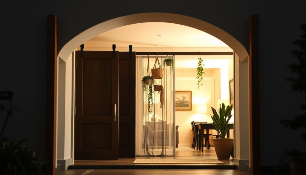 A well-lit, modern entryway with an array of unique and creative alternatives to traditional doors. In the foreground, a large, arched opening framed by a minimalist wooden or metal structure, inviting the viewer inside. In the middle ground, an eclectic mix of entryway elements - perhaps a sliding panel, a suspended curtain, or a series of hanging plants. The background features a warm, cozy interior, hinting at the welcoming atmosphere within. The lighting is soft and diffused, casting a gentle glow and highlighting the textures and materials of the entryway. The overall mood is one of innovation, comfort, and a touch of whimsy, reflecting the "most interesting ideas" for an alternative entrance to a home.