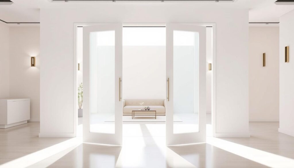 A well-lit, modern interior space showcasing the key features of frameless doors. In the foreground, a pair of sleek, minimalist white doors stand open, their clean lines and seamless design accentuated by the bright, natural lighting streaming in from a large window in the background. The middle ground features an elegant, minimalist furniture arrangement, allowing the doors to take center stage. The background is a serene, neutral-toned space, with additional lighting fixtures and architectural details that complement the overall aesthetic. The scene conveys a sense of airy, uncluttered sophistication, highlighting the advantages of frameless door construction - improved sightlines, maximized openness, and a refined, contemporary appearance. A well-lit, modern interior space showcasing the key features of frameless doors. In the foreground, a pair of sleek, minimalist white doors stand open, their clean lines and seamless design accentuated by the bright, natural lighting streaming in from a large window in the background. The middle ground features an elegant, minimalist furniture arrangement, allowing the doors to take center stage. The background is a serene, neutral-toned space, with additional lighting fixtures and architectural details that complement the overall aesthetic. The scene conveys a sense of airy, uncluttered sophistication, highlighting the advantages of frameless door construction - improved sightlines, maximized openness, and a refined, contemporary appearance.
