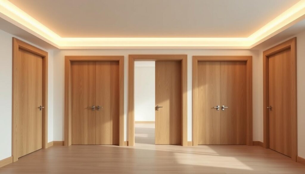 Solid oak doors with smooth, flush surfaces, devoid of door frames or knobs. Minimalist, contemporary design in a well-lit, open-concept space. Warm, diffused lighting from overhead fixtures creates a serene, inviting atmosphere. The doors seamlessly blend into the walls, creating a harmonious, cohesive aesthetic. High-quality craftsmanship and attention to detail are evident in the clean lines and precise edges. This image captures the essence of "drzwi bezprzylgowe" - door systems with a flush, integrated appearance, offering a streamlined, modern look for any interior. Solid oak doors with smooth, flush surfaces, devoid of door frames or knobs. Minimalist, contemporary design in a well-lit, open-concept space. Warm, diffused lighting from overhead fixtures creates a serene, inviting atmosphere. The doors seamlessly blend into the walls, creating a harmonious, cohesive aesthetic. High-quality craftsmanship and attention to detail are evident in the clean lines and precise edges. This image captures the essence of "drzwi bezprzylgowe" - door systems with a flush, integrated appearance, offering a streamlined, modern look for any interior.