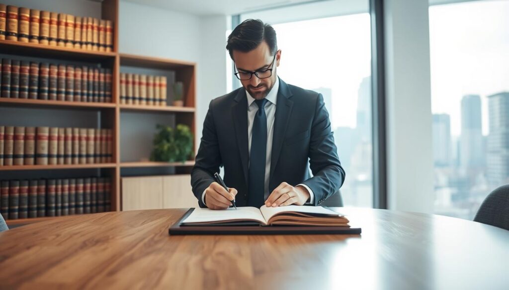 A business professional in a suit standing in a modern, well-lit office, signing legal documents on a sleek wooden desk. Behind them, a bookshelf filled with law books and a window overlooking a city skyline. The mood is one of authority and attention to detail, conveying the importance of the legal and financial responsibilities associated with a real estate transaction. The lighting is soft and directional, creating subtle shadows that add depth and dimension to the scene. The angle is slightly elevated, giving a sense of the professional's expertise and the gravity of the situation.