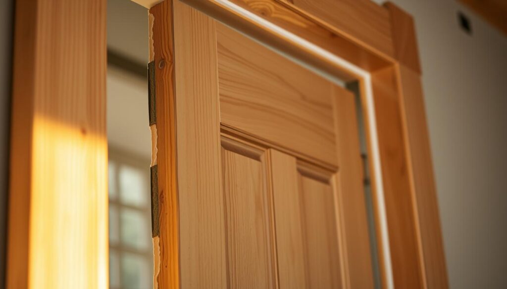 A close-up shot of a home entryway door, showcasing the process of sealing and insulating it. The frame is made of sturdy wood, with the door itself being a solid, well-crafted design. The camera angle highlights the weatherstripping and foam sealant being carefully applied around the edges, ensuring a tight, airtight fit. Warm, diffused lighting from the side illuminates the scene, creating a cozy, DIY atmosphere. The overall composition emphasizes the importance of proper door insulation as a key element in soundproofing and noise reduction for the home interior.