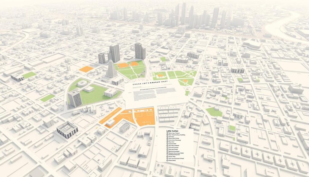 A detailed 3D illustration of a city planning map, featuring a grid-like layout of streets, buildings, and public spaces. The map is shown from a high-angle perspective, with a clean, minimalist aesthetic and muted color palette. The foreground displays various icons and symbols representing different land use zones, such as residential, commercial, and industrial areas. The middle ground showcases a comprehensive legend, explaining the meanings of these symbols. The background depicts a soft, hazy cityscape with skyscrapers and landmarks, creating a sense of context and scale. The overall mood is informative and organized, conveying the importance of urban planning and zoning regulations.