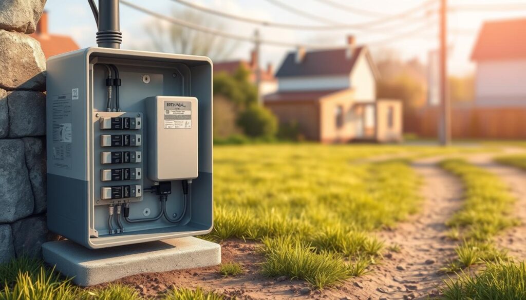 A detailed illustration of an electrical connection box, or "skrzynka elektryczna," prominently displayed in the foreground. The box is depicted in a realistic, technical style, showcasing its metallic enclosure, circuit breakers, and other electrical components. The middle ground features the surrounding landscape, such as a grassy area or a dirt path, conveying a sense of the connection box's placement in a residential or rural setting. The background incorporates a softly blurred, atmospheric perspective, with subtle hints of buildings, trees, or other infrastructure, suggesting the broader context of the scene. The lighting is natural and directional, casting subtle shadows and highlights that accentuate the form and texture of the electrical box. The overall mood is one of informative, technical clarity, suitable for illustrating the costs and considerations involved in setting up an electrical connection on a property.