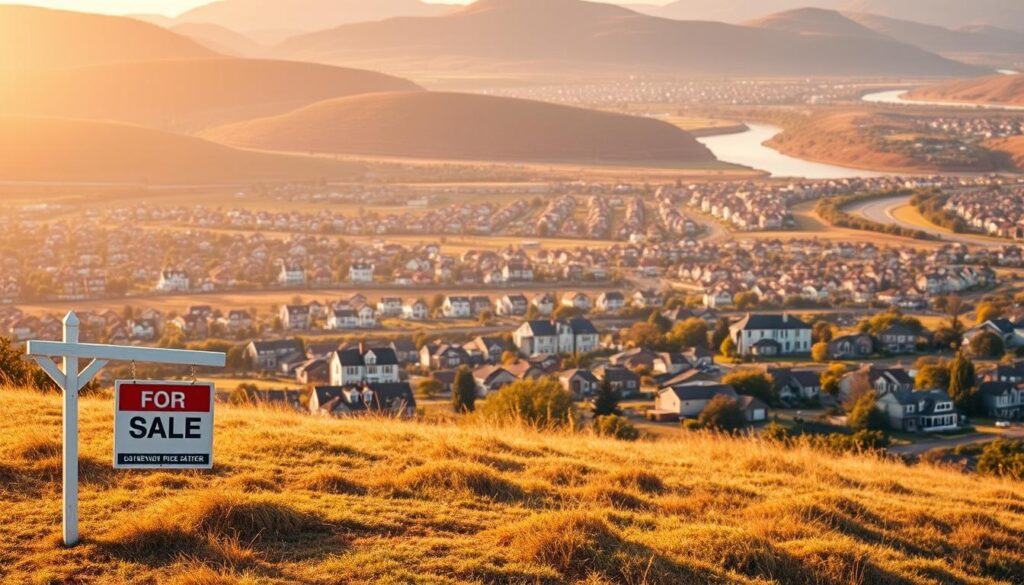 A detailed real estate landscape depicting the key factors influencing land prices. In the foreground, a residential building plot with a "For Sale" sign, showcasing the property's prime location near a bustling city center. In the middle ground, a sprawling suburban neighborhood with a mix of single-family homes and multi-unit complexes, highlighting the impact of zoning and development patterns. In the background, rolling hills and a scenic river, capturing the influence of natural amenities and environmental factors. The scene is bathed in warm, golden sunlight, creating a sense of prosperity and desirability. The composition emphasizes the interplay of these diverse elements that ultimately shape the value of the land.