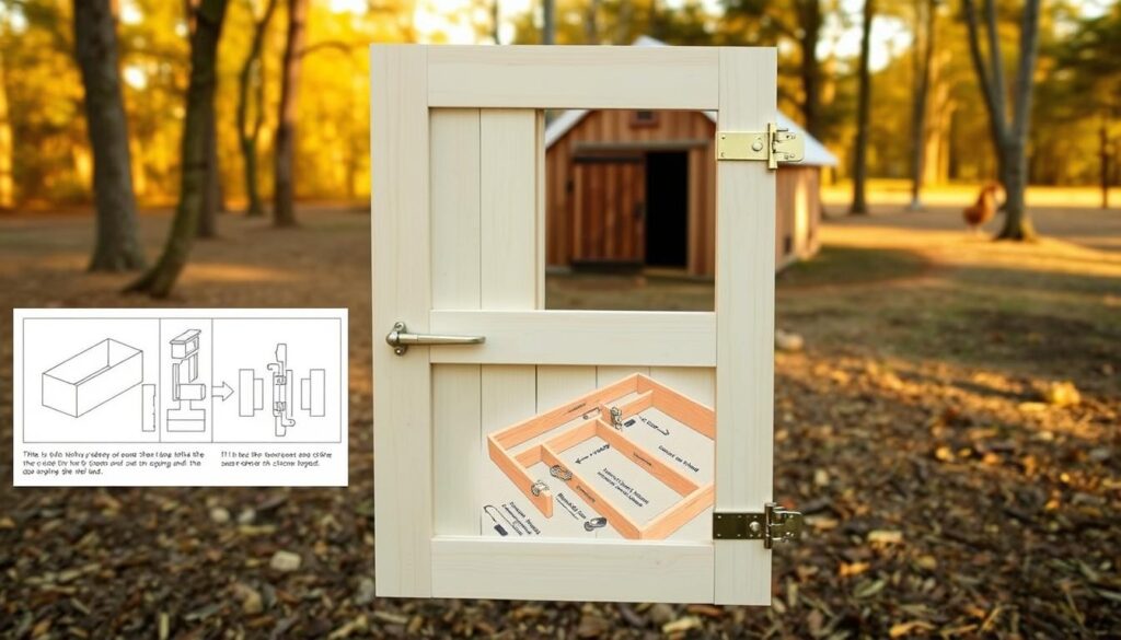 A detailed, step-by-step instruction manual for assembling a chicken coop door. Prominent in the foreground, a set of diagrams illustrating the construction process, with clear callouts and annotations. In the middle ground, an exploded view of the door's components - hinges, latches, framing - arranged neatly. The background features a warm, natural setting, with a rustic wooden barn or shed in the distance, bathed in soft, golden light. The overall atmosphere conveys a sense of practical, DIY craftsmanship and rural tranquility, perfectly suited to guide the reader through the assembly of this functional, yet aesthetically pleasing chicken coop door.