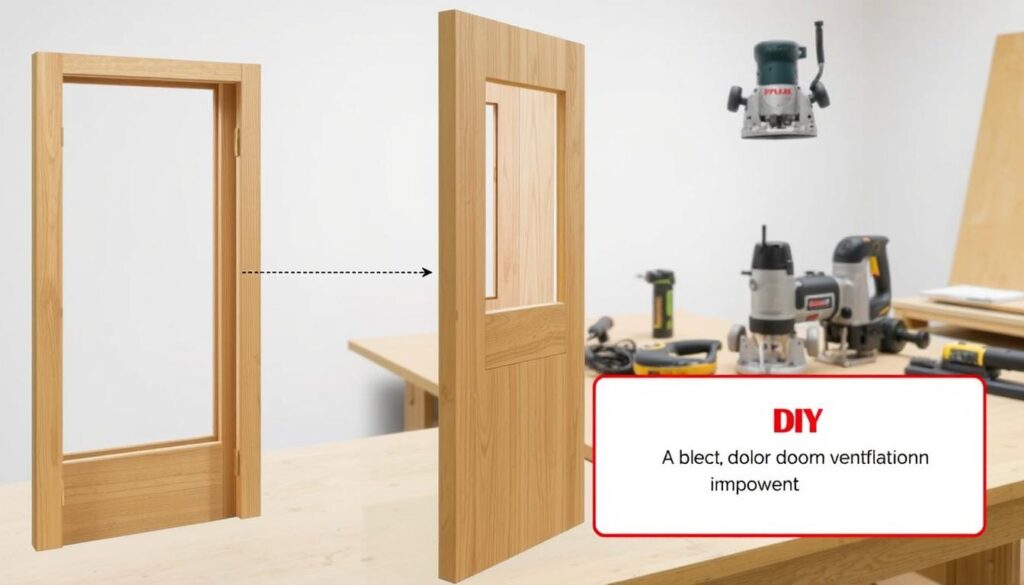 A detailed, technical diagram showcasing the process of creating a ventilation cutout in a wooden door. The image depicts the step-by-step procedure, with a focus on the tools and materials required. The foreground features a partially disassembled door, exposing the internal structure and the area where the ventilation cutout will be made. In the middle ground, various power tools, such as a jigsaw and router, are prominently displayed, suggesting the hands-on nature of the task. The background provides a clean, well-lit workshop setting, emphasizing the DIY nature of the project. The overall mood is one of precision, clarity, and a sense of accomplishment in completing this practical home improvement task. A detailed, technical diagram showcasing the process of creating a ventilation cutout in a wooden door. The image depicts the step-by-step procedure, with a focus on the tools and materials required. The foreground features a partially disassembled door, exposing the internal structure and the area where the ventilation cutout will be made. In the middle ground, various power tools, such as a jigsaw and router, are prominently displayed, suggesting the hands-on nature of the task. The background provides a clean, well-lit workshop setting, emphasizing the DIY nature of the project. The overall mood is one of precision, clarity, and a sense of accomplishment in completing this practical home improvement task.