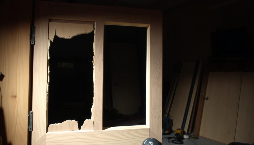 A dimly lit workshop interior with a focus on a wooden door frame, showcasing the common mistakes during ventilation cutout. The foreground displays a partially completed cutout with uneven edges and splintered wood. The middle ground shows various power tools scattered around, hinting at the improper techniques used. The background softly illuminates the scene, casting shadows that emphasize the flawed execution. The overall atmosphere conveys a sense of inexperience and the need for caution when undertaking this DIY task. A dimly lit workshop interior with a focus on a wooden door frame, showcasing the common mistakes during ventilation cutout. The foreground displays a partially completed cutout with uneven edges and splintered wood. The middle ground shows various power tools scattered around, hinting at the improper techniques used. The background softly illuminates the scene, casting shadows that emphasize the flawed execution. The overall atmosphere conveys a sense of inexperience and the need for caution when undertaking this DIY task.