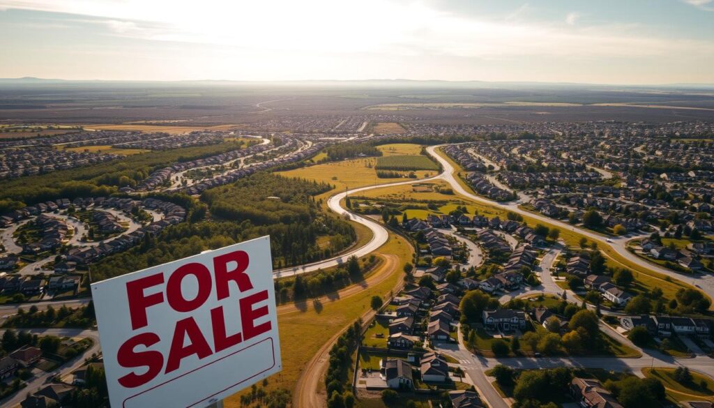 A dramatic aerial view of a sprawling suburban landscape, with rows of neatly plotted residential lots stretching out as far as the eye can see. The foreground is dominated by a large "For Sale" sign, its vibrant colors and bold typography drawing the viewer's attention. In the middle ground, lush greenery and winding roads lead the eye towards the horizon, where distant hills and a cloudless sky create a sense of tranquility. The lighting is warm and golden, casting a soft glow over the entire scene and evoking a mood of anticipation and potential. The composition is balanced and symmetrical, emphasizing the orderly development of the area and the promise of new beginnings for prospective homeowners.