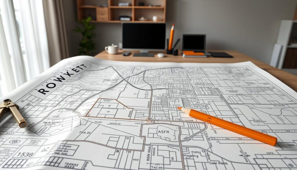 A highly detailed, realistic illustration of a professional land surveyor's map for a construction project. The map is presented on a high-quality paper sheet, with precise technical drawings, measurements, and annotations. The foreground showcases the map's intricate layout, featuring property boundaries, topographical contours, and infrastructure details. The middle ground highlights the surveyor's tools, such as a drafting compass, scale ruler, and pencils, creating a sense of the map-making process. The background depicts a minimalist office setting, with a desk, computer, and shelves, suggesting the professional environment where the map is produced. The lighting is soft and natural, emphasizing the quality and precision of the cartographic work. The overall mood is one of technical expertise, diligence, and the importance of accurate land mapping for construction and development projects.