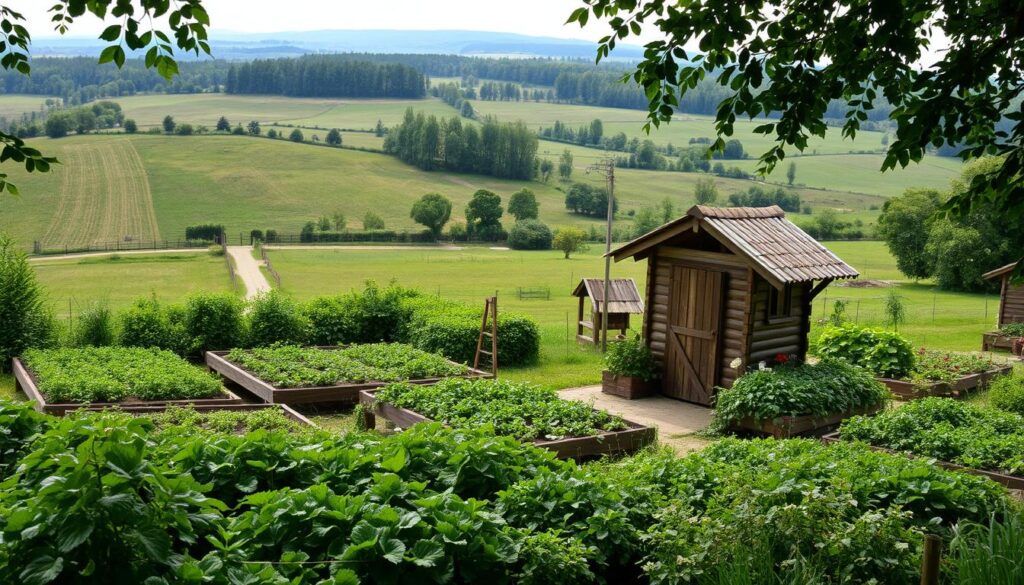 A lush, verdant allotment garden (ROD) nestled amidst rolling hills and a serene countryside. In the foreground, a well-tended plot with neatly arranged vegetable beds, thriving with life. Nearby, a quaint wooden shed with a charming pitched roof, its weathered facade complementing the rustic ambiance. The middle ground reveals a network of winding paths, leading visitors through the idyllic space. In the background, a distant tree line frames the scene, casting soft, dappled light across the tranquil landscape. The overall atmosphere is one of tranquility, harmony, and the joyful cultivation of nature's bounty, perfectly capturing the essence of a Polish Rodzinny Ogród Działkowy (ROD).