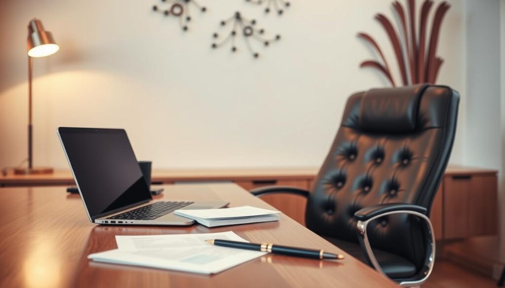 A modern and professional-looking office interior with a wooden desk, a laptop, and a stylish leather chair. The desk is neatly organized, with a stack of documents and a pen holder. The background features a minimalist wall decor, creating a calming and focused atmosphere. Warm lighting from a floor lamp illuminates the scene, casting subtle shadows and highlights. The overall composition emphasizes the importance and attention to detail in the legal process of property transfer, conveying a sense of professionalism and expertise.