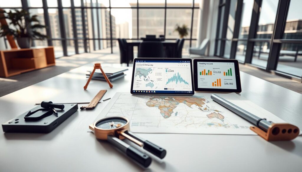 A modern office interior with a central table displaying various geodesic survey instruments and documents. In the foreground, a compass, rulers, and a topographical map are neatly arranged. In the middle ground, a laptop and tablet showcase geospatial data and cost calculations. The background features floor-to-ceiling windows, allowing natural light to flood the space and cast soft shadows. The overall mood is one of professionalism, precision, and attention to detail, reflecting the factors that influence geodetic service pricing.