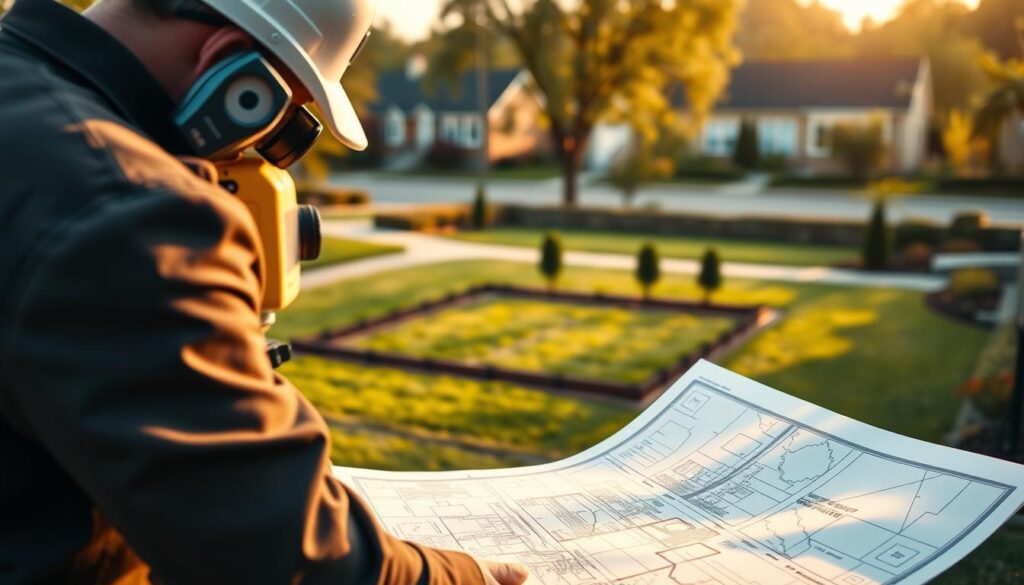 A professional land surveyor meticulously measuring the boundaries of a residential property, with a cadastral map and surveying equipment in the foreground. In the middle ground, a neatly divided plot of land with clearly marked boundaries. The background depicts a peaceful, suburban neighborhood with well-manicured lawns and trees. The scene is captured in warm, natural lighting, conveying a sense of precision, order, and expertise in the field of land surveying and property division.