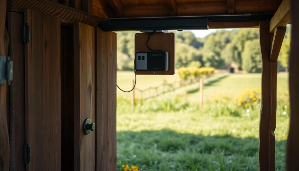 A rustic wooden chicken coop with an automatic door mechanism in the foreground. The door is partially open, revealing the interior of the coop. The middle ground shows the control panel and wiring for the automated system, highlighting its simple and functional design. In the background, a lush, verdant countryside landscape frames the scene, conveying a sense of tranquility and harmony. The lighting is warm and natural, casting gentle shadows that accentuate the texture of the materials. The overall composition suggests a practical, homemade solution for automating the chicken coop door, suitable for a DIY project.
