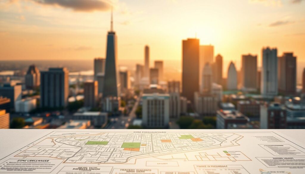 A serene urban landscape, with a city skyline in the background, bathed in warm, golden light. In the foreground, a detailed, high-resolution diagram of a zoning plan, its intricate lines and shapes conveying the complexities of land use regulations. The diagram is displayed on a clean, well-lit surface, allowing the viewer to clearly discern the various zones, color-coded and labeled with descriptive text. The overall composition suggests a sense of order, clarity, and the importance of understanding zoning regulations when navigating property ownership and development.