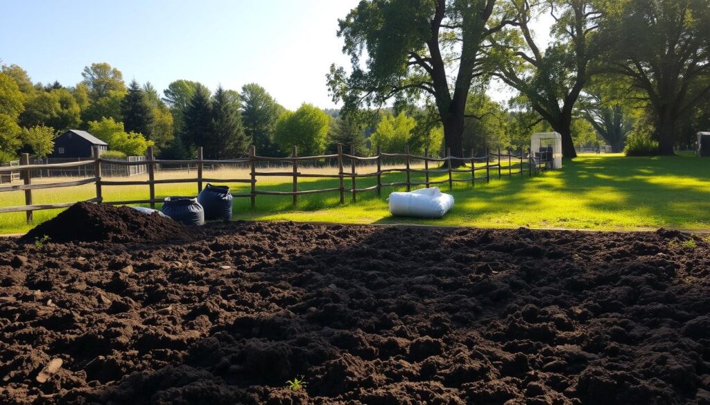 A sun-dappled clearing in a lush, verdant landscape. In the foreground, a freshly tilled plot of soil, its rich, dark hues inviting the viewer to imagine the fertile growth to come. Piles of compost and bags of topsoil stand ready, their earthy scents wafting through the air. In the middle ground, a weathered wooden fence delineates the property, its posts casting long, angled shadows across the scene. Towering trees line the background, their canopies filtering the warm, golden light and creating a sense of calm, peaceful seclusion. The overall mood is one of anticipation and preparation, a tranquil setting ready to nurture the bounty of the earth.