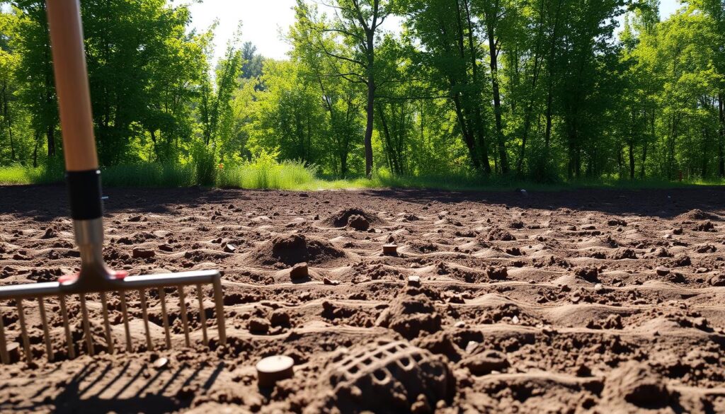 A sun-dappled field, the soil freshly tilled and ready for leveling. In the foreground, a sturdy rake and shovel stand at the ready, awaiting their task. The middle ground showcases the uneven terrain, with small mounds and depressions, each a challenge to be conquered. In the background, a lush tree line provides a natural backdrop, its verdant foliage casting a warm, inviting glow over the scene. The lighting is soft and diffused, lending a sense of tranquility to the preparation of this plot of land, soon to be transformed into a verdant oasis.