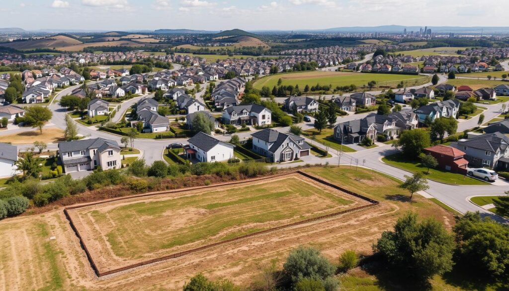 A sun-drenched suburban landscape, with rows of tidy, modern houses nestled within a network of winding streets and lush greenery. In the foreground, a well-manicured plot of land, its boundaries clearly delineated, awaits its future homeowners. The middle ground features a mix of architectural styles, from sleek, contemporary designs to charming, traditional homes, all imbued with a sense of vibrant, forward-thinking energy. In the background, rolling hills and a distant skyline add depth and context, hinting at the broader real estate landscape. The scene is captured with a wide-angle lens, highlighting the harmonious integration of residential and natural elements, conveying a vision of desirable, trendy living.