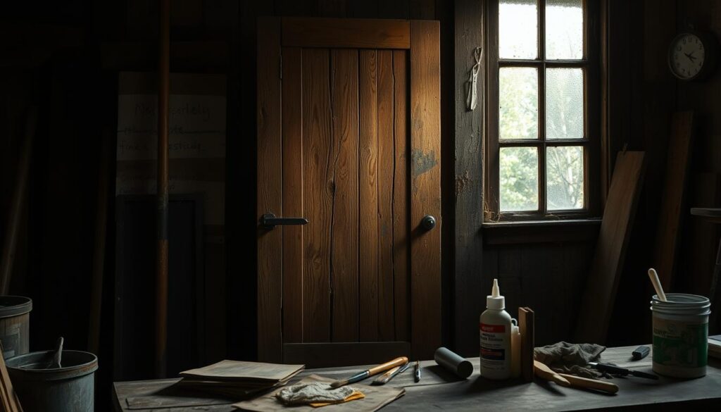 A weathered wooden door stands in a dimly lit workshop, its surface cracked and worn. The scene is illuminated by a soft, natural light filtering through a nearby window, casting warm shadows and highlights on the door's intricate details. A collection of tools, including sandpaper, paint brushes, and wood glue, are neatly arranged on a workbench, ready for the careful restoration process. The atmosphere is one of quiet focus, as the viewer anticipates the transformation of this forgotten treasure into a newly vibrant and functional entryway.