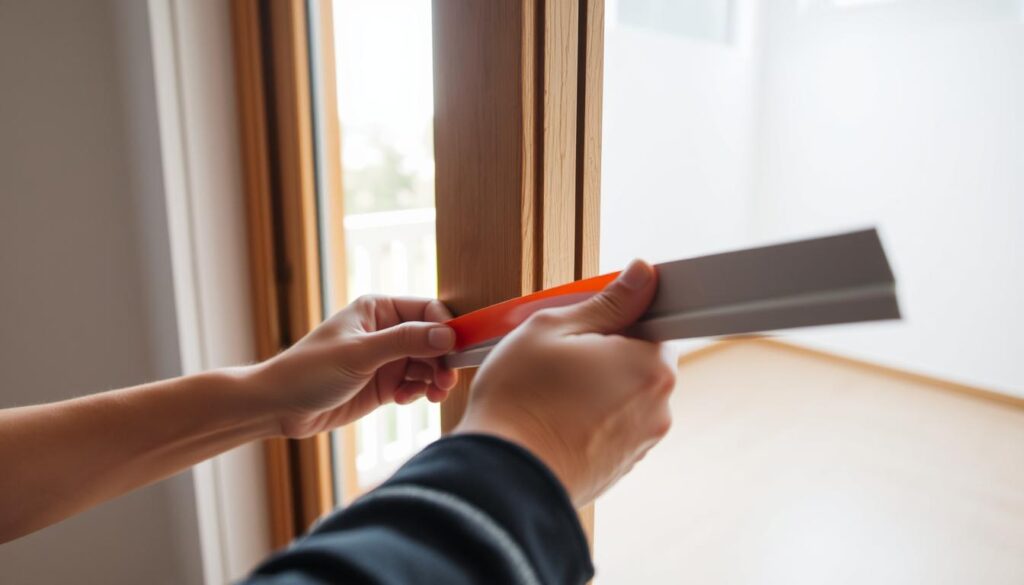 A well-lit, close-up view of the installation process for weatherstripping on a wooden balcony door. The foreground shows a person's hands carefully applying a flexible rubber seal along the door frame, ensuring a tight, weatherproof fit. The middle ground reveals the partially open door, with sunlight streaming in from the balcony. The background features a clean, minimalist interior space, emphasizing the practical importance of properly sealing the door. The scene conveys a sense of precision, attention to detail, and the satisfaction of a home improvement task well executed.