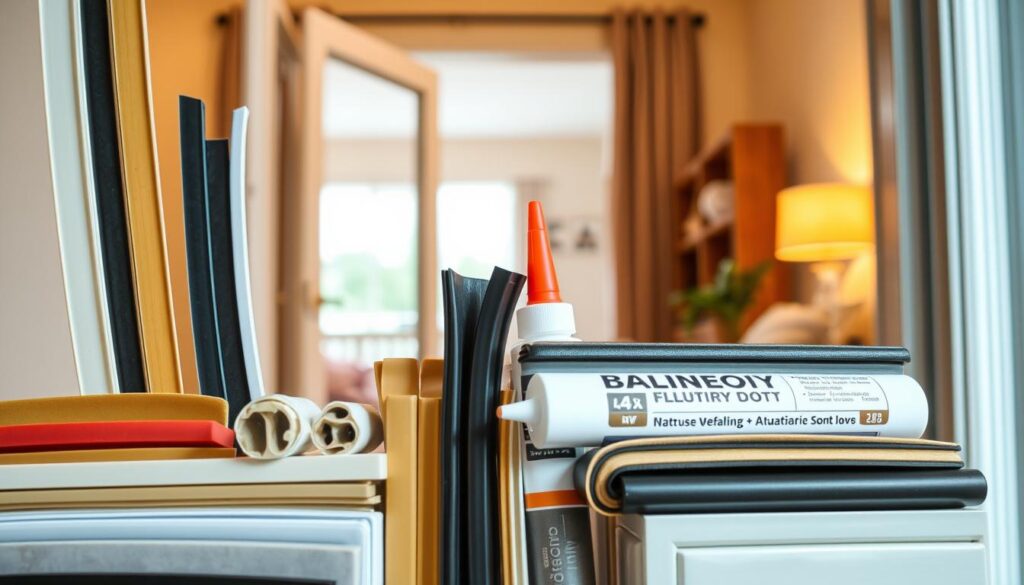A well-lit, detailed closeup shot of various effective weatherstripping and caulking solutions for sealing balcony doors. The foreground features a diverse array of adhesive foam strips, rubber seals, and silicone sealants in a range of colors, textures, and sizes, showcasing the variety of options available. The middle ground shows a partially open balcony door frame, highlighting how these sealing products can be applied to create an airtight barrier. The background is a softly blurred interior living space, conveying the importance of proper door insulation for indoor climate control. The lighting is warm and natural, emphasizing the practical, functional nature of the scene. The overall composition and focus draw the viewer's attention to the key sealing methods in a clear, informative manner.