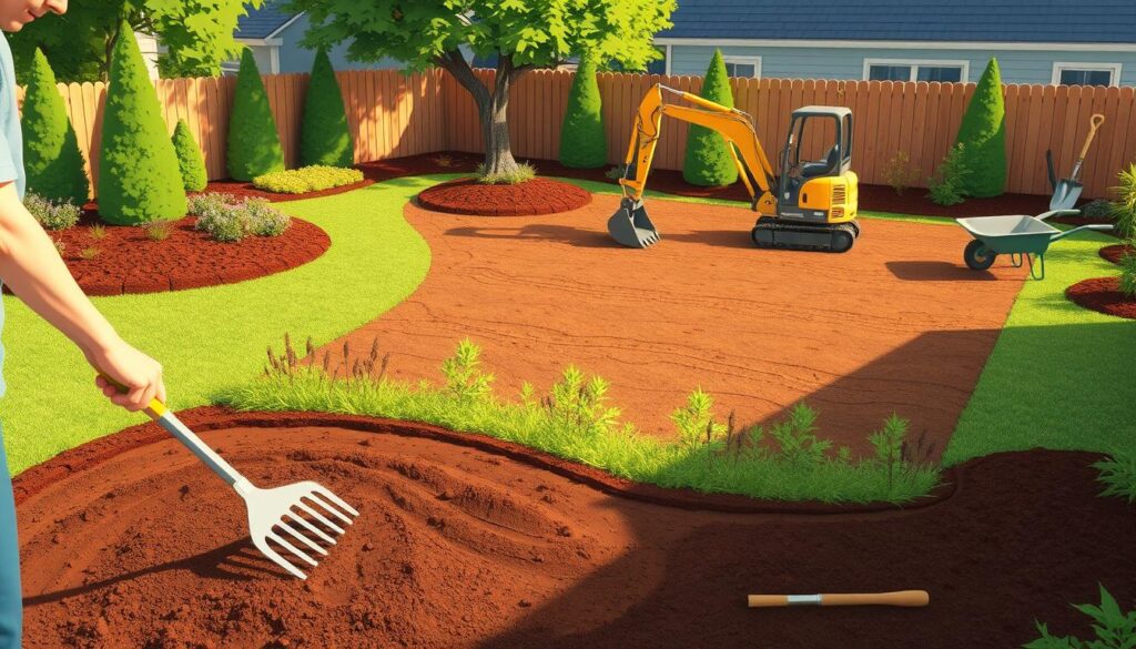 A well-lit, detailed illustration of a landscaped residential backyard, showcasing various methods for leveling uneven terrain. In the foreground, a person is using a garden rake to smooth out the soil, while in the middle ground, a small excavator is carefully grading the area. In the background, a shovel, wheelbarrow, and other landscaping tools are visible, suggesting a comprehensive approach to the task. The scene conveys a sense of thoughtful planning and practical execution, with a focus on achieving a flat, even surface suitable for further development. The lighting is natural and warm, creating a welcoming atmosphere.