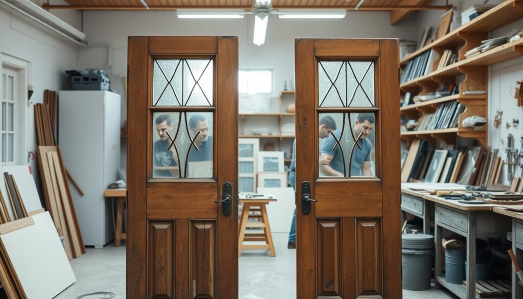 A well-lit workshop interior with various restoration tools and materials neatly arranged. In the foreground, a pair of antique wooden doors with intricate glass panes stand upright, their weathered surfaces ready to be refinished. The middle ground showcases a variety of restoration techniques, such as sanding, varnishing, and glazing, performed by skilled craftsmen. In the background, shelves lined with spare glass panels and hardware create a sense of a dedicated workspace for door restoration. The overall atmosphere conveys a blend of traditional craftsmanship and meticulous attention to detail, reflecting the care and expertise required to revive the beauty of these historic entryways.