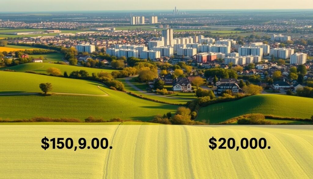 A wide landscape view comparing the prices of rural and urban building plots. In the foreground, a rural plot with lush green fields and rolling hills. In the middle ground, a suburban plot with modest houses and well-manicured yards. In the background, a dense urban skyline with high-rise buildings. The scene is bathed in warm, golden light, creating a harmonious, balanced composition. The viewer can intuitively grasp the stark price differences between these contrasting locations. The image conveys a sense of tranquility and spaciousness in the countryside, in contrast with the bustling, compact cityscape.