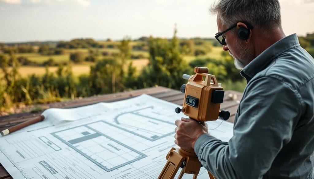 Detailed architectural blueprint of a professional land survey, showcasing a geodesist measuring a plot of land with a theodolite. The foreground features the surveyor in focused contemplation, surrounded by precision surveying tools and equipment. The middle ground depicts the plot outline with precise measurements and coordinates. The background setting is a tranquil outdoor scene, with lush greenery and a clear sky, conveying a sense of calm and precision. The lighting is natural, casting soft shadows and highlighting the intricate details of the surveying process. The overall composition emphasizes the technical expertise and meticulous attention to detail required for a professional land survey.