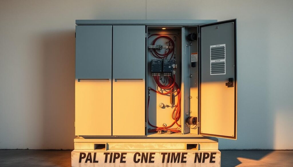 Detailed electric power distribution box against a clean, well-lit backdrop. The metal enclosure features a sturdy, industrial design with various access panels and input/output terminals. The box is situated on a sturdy concrete base, suggesting a permanent outdoor installation. Warm, directional lighting highlights the intricate mechanisms and circuitry within, conveying a sense of functional importance. The overall composition emphasizes the utilitarian nature and technical complexity of this essential electrical infrastructure component.