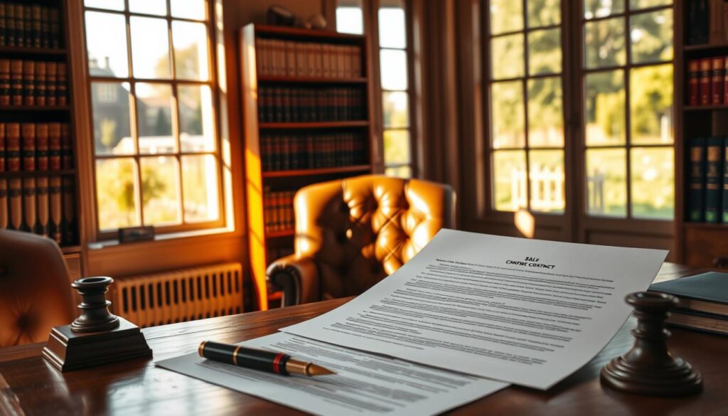 Detailed legal document for the sale of an allotment garden plot, illuminated by warm natural light streaming through large windows. A solid wooden desk in the foreground holds official-looking paperwork and a fountain pen, conveying a sense of professionalism and attention to detail. In the middle ground, a comfortable leather chair invites the viewer to sit and review the contract, while shelves of legal references and case files line the walls, establishing a professional, authoritative atmosphere. The background features a serene outdoor scene of the allotment garden, suggesting the peaceful, natural setting that the prospective buyer is acquiring.
