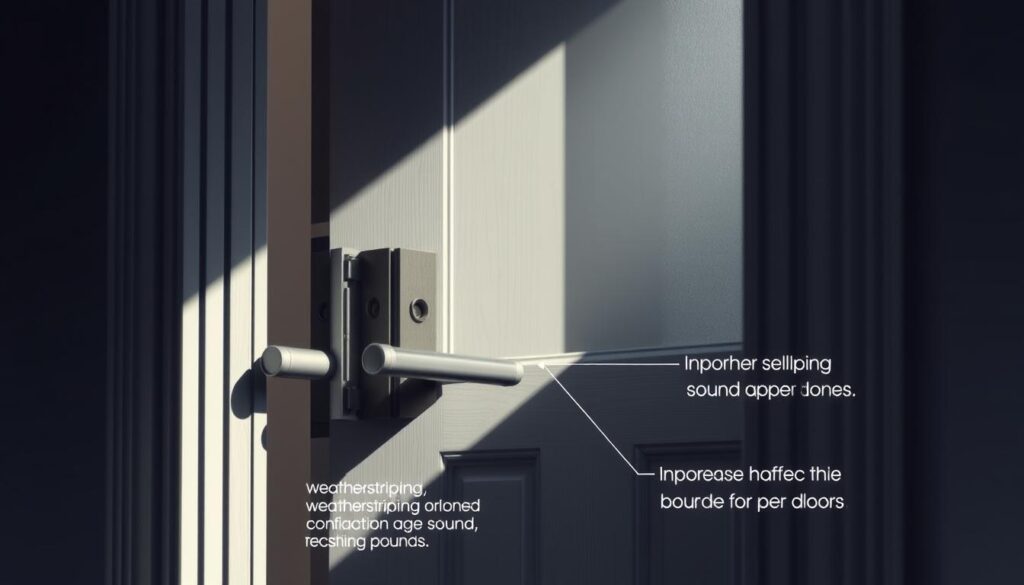 Detailed technical illustration of the root causes behind ineffective soundproofing of a residential entry door. Tightly framed close-up view showcasing the door's hinges, locks, and weatherstripping. Illuminated by soft, diffused natural lighting from an overhead window, casting gentle shadows. Forensic examination of the door's construction, highlighting improper sealing, gaps, and weaknesses that allow sound transmission. Muted, subdued color palette with a somber, analytical mood to underscore the technical nature of the subject matter. Precise, technical rendering with an emphasis on realism and subtle material textures. No distracting elements, just a clear focus on the core engineering issues behind ineffective door soundproofing.