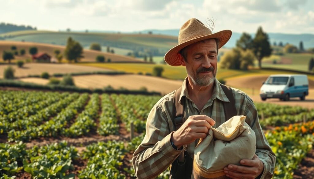 a detailed, realistic landscape scene depicting legal regulations surrounding soil fertilization in a rural setting. the foreground shows a farmer or agricultural worker examining fertilizer bags or equipment, with an expression of thoughtfulness or consideration. the middle ground features a well-tended crop field or vegetable garden, with healthy plants and soil. in the background, a rolling countryside with hills, trees, and a distant farmhouse or barn, under a soft, natural lighting that conveys a sense of tranquility and order. the overall scene should evoke a tone of responsible, sustainable agricultural practices guided by clear legal frameworks.