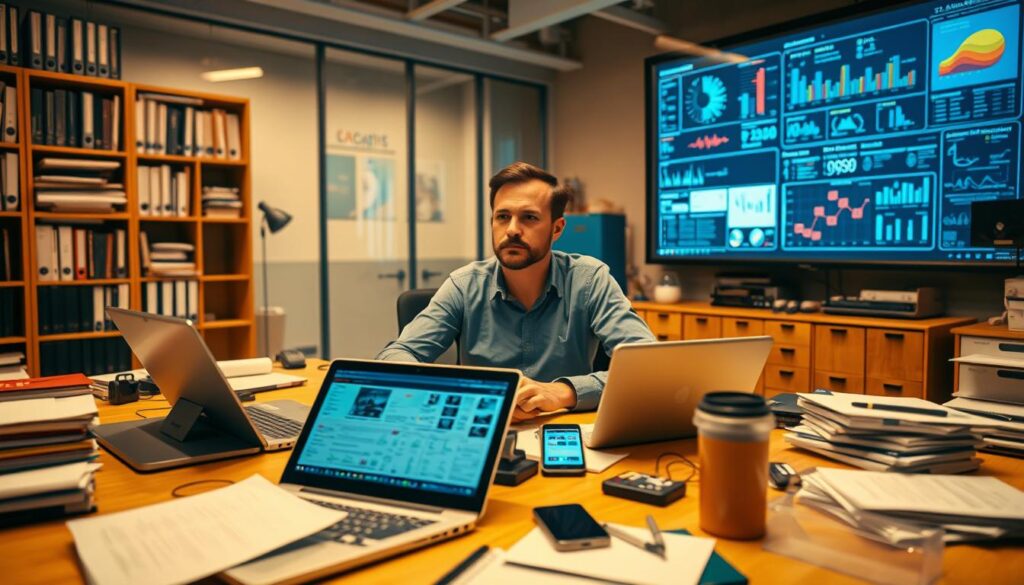 A busy office scene with a person sitting at a desk, surrounded by various electronic devices and sources of information. The foreground features a laptop, tablet, and smartphone, each displaying data and research material. In the middle ground, bookshelves and filing cabinets suggest a wealth of physical resources. The background showcases a large monitor or projector screen, displaying visualizations, charts, and other digital content. The lighting is warm and professional, creating a focused and productive atmosphere. The angle is slightly elevated, giving a comprehensive overview of the efficient use of electronic information sources.