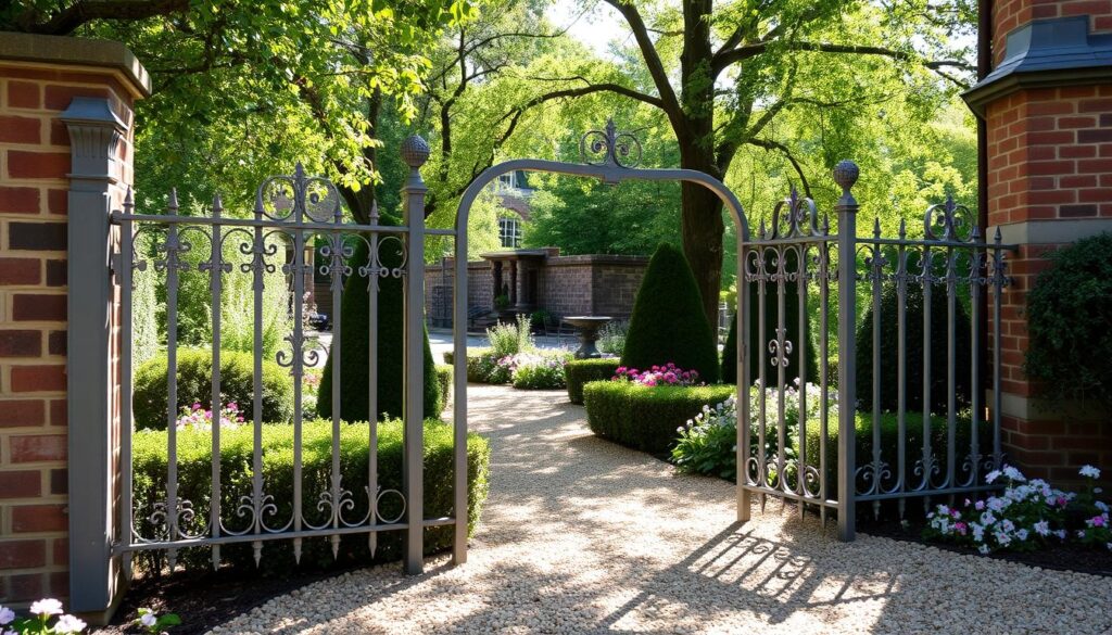 A charming wrought-iron fence adorns a lush garden, its delicate scrollwork casting intricate shadows on the gravel path below. Carefully pruned hedges and vibrant flower beds frame the entryway, creating a welcoming and harmonious visual ensemble. The fence's muted tones blend seamlessly with the warm, earthy hues of the surrounding brick and stone, exuding a timeless elegance that complements the tranquil, countryside ambiance. Dappled sunlight filters through the trees, casting a soft, natural glow and imbuing the scene with a serene, inviting atmosphere.