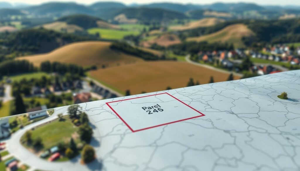 A close-up aerial view of a rural residential area, with a focus on a specific property lot. The lot is outlined on a detailed cadastral map, displaying its parcel number prominently. In the background, rolling hills and lush greenery create a picturesque rural landscape. The lighting is soft and natural, casting gentle shadows across the scene. The camera angle is slightly angled, providing a slightly elevated perspective that emphasizes the clarity and precision of the cadastral information. The overall mood is one of organization, attention to detail, and the efficient navigation of property records. A close-up aerial view of a rural residential area, with a focus on a specific property lot. The lot is outlined on a detailed cadastral map, displaying its parcel number prominently. In the background, rolling hills and lush greenery create a picturesque rural landscape. The lighting is soft and natural, casting gentle shadows across the scene. The camera angle is slightly angled, providing a slightly elevated perspective that emphasizes the clarity and precision of the cadastral information. The overall mood is one of organization, attention to detail, and the efficient navigation of property records.