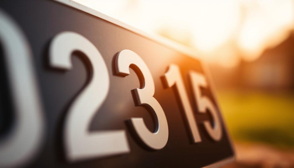 A close-up, high-resolution, macro photograph of a land registry number plate against a blurred, soft-focus background. The number plate is made of metal or plastic, with clearly legible white digits on a dark background. The lighting is warm and natural, creating a sense of depth and dimension. The camera angle is slightly angled, emphasizing the importance and significance of the number. The overall mood is one of clarity, precision, and the value of official documentation.