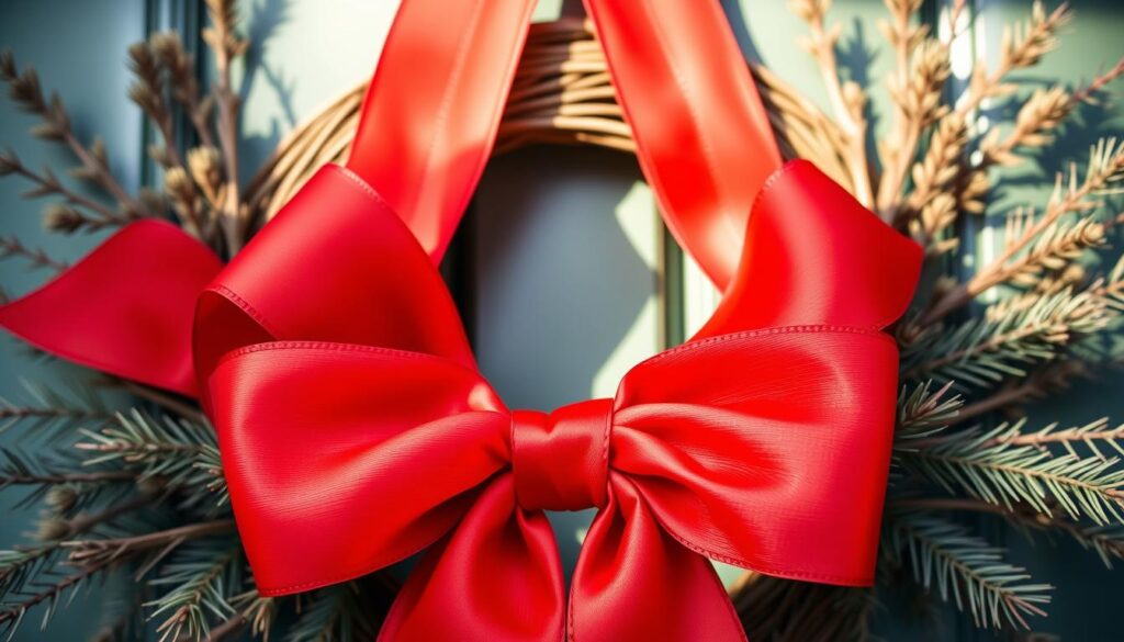 A close-up view of a handmade door wreath, with a vibrant red satin ribbon carefully tied into a large, perfectly symmetrical bow. The ribbon flows gracefully, its edges crisp and neatly arranged. The wreath is made of natural materials like pine branches, adding a rustic, earthy element. Soft, diffused natural lighting illuminates the scene, casting gentle shadows and highlighting the tactile textures. The composition is centered and balanced, inviting the viewer to appreciate the meticulous craftsmanship and attention to detail in this simple yet elegant DIY decoration.