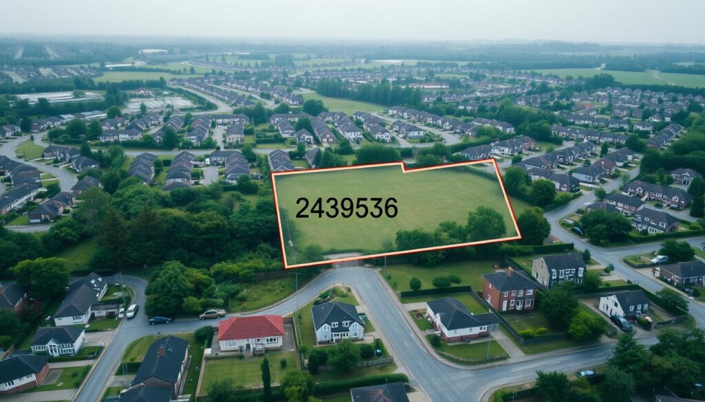 A detailed aerial view of a land plot with its distinctive cadastral number prominently displayed. The plot is situated in a well-organized suburban neighborhood, with neatly arranged houses and lush greenery in the background. The image is captured with a wide-angle lens, providing a comprehensive perspective on the plot's location and its surrounding environment. The lighting is soft and diffused, creating a calm and informative atmosphere, emphasizing the significance of the cadastral number as a crucial identifier for the property. The composition balances the technical details of the plot with the broader context of the residential area, presenting a visually engaging and informative representation of the subject matter.