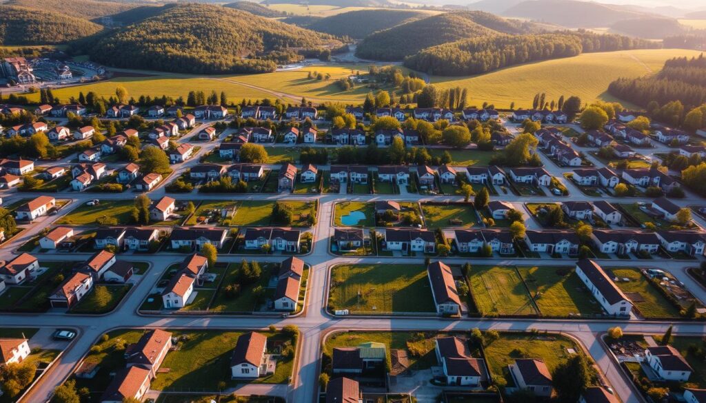 A detailed aerial view of a residential area, showcasing a grid of orderly rectangular land parcels, or "działki", with clear numerical labels indicating their individual plot numbers. The scene is bathed in warm, golden-hour sunlight, casting long shadows across the meticulously manicured lawns and well-defined property boundaries. In the background, a gently rolling landscape of lush, verdant hills and trees provides a serene, picturesque backdrop. The overall impression conveys a sense of precision, organization, and the importance of accurately identifying and locating these individual land units.