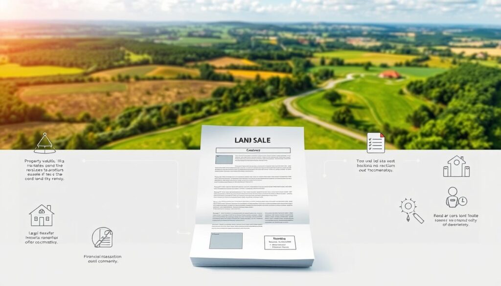 A detailed, step-by-step diagram illustrating the procedural stages of selling a plot of land. In the foreground, a meticulously rendered real estate contract document takes center stage, surrounded by icons and diagrams depicting the key steps - property valuation, legal transfer, financial transactions, and documentation. The middle ground features a stylized map of the land parcel, its boundaries and coordinates clearly delineated. In the background, an expansive landscape showcases the property in its natural setting, with lush greenery, a winding path, and a scenic vista. The overall composition conveys a sense of professionalism, clarity, and attention to the critical details involved in the land sale process.