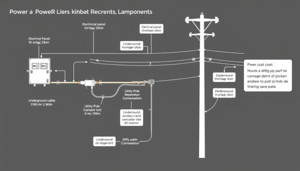 A detailed technical diagram showcasing the various components and costs associated with a power line connection for a recreational plot of land. The image should depict a clear, technical schematic layout, highlighting the electrical panel, underground cable, utility pole, and any other necessary infrastructure. The diagram should be rendered with precise engineering-style lines, dimensions, and labels to convey the specific details of the installation process and associated expenses. The overall tone should be informative and factual, allowing the viewer to easily understand the key cost factors involved in establishing a power connection for a recreational property. A detailed technical diagram showcasing the various components and costs associated with a power line connection for a recreational plot of land. The image should depict a clear, technical schematic layout, highlighting the electrical panel, underground cable, utility pole, and any other necessary infrastructure. The diagram should be rendered with precise engineering-style lines, dimensions, and labels to convey the specific details of the installation process and associated expenses. The overall tone should be informative and factual, allowing the viewer to easily understand the key cost factors involved in establishing a power connection for a recreational property.