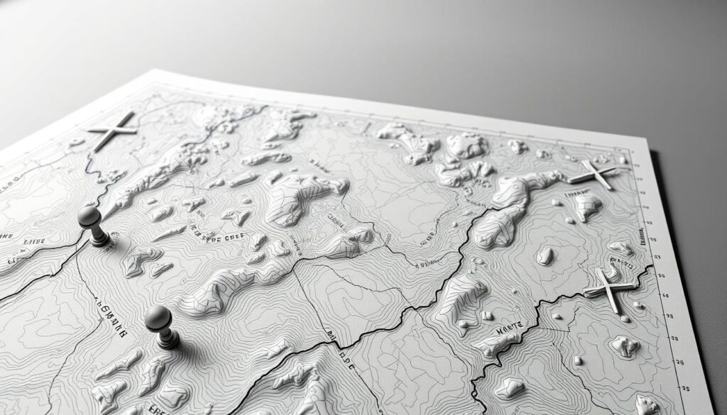 A highly detailed, hyper-realistic rendering of geodesic survey maps, featuring a prominent foreground display of topographic contour lines, geographic coordinates, and property boundary markers. The maps are presented on a neutral gray background, with soft, directional lighting casting subtle shadows to accentuate the textural qualities of the paper and ink. The overall tone is one of technical precision and authoritative clarity, conveying the essential role of these maps in defining land ownership and use. The level of detail should be sufficient to allow the viewer to closely examine the specific features and understand their significance in the context of the article's subject matter.